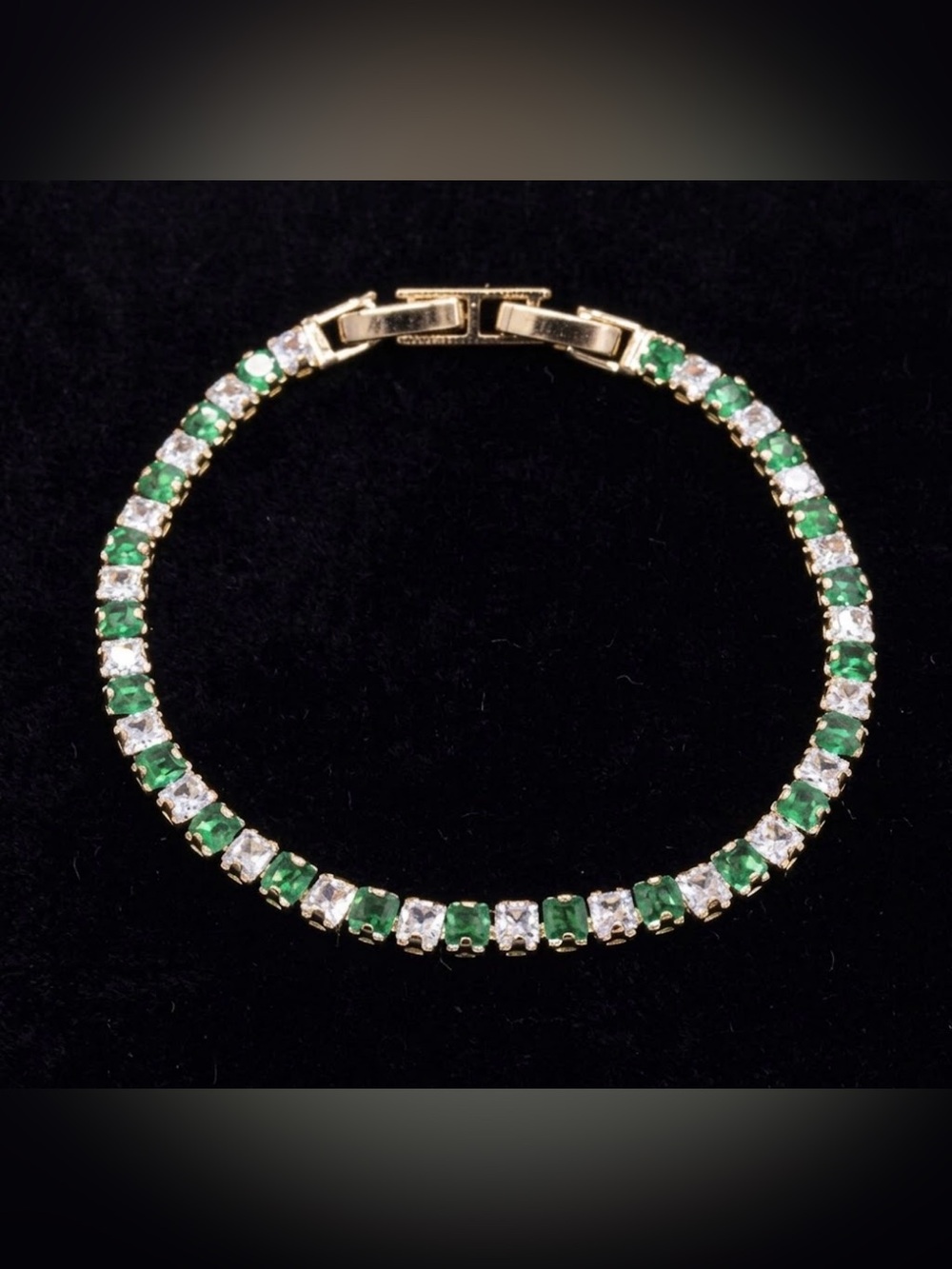 Gold plated CZ Tennis Bracelet with Green and White Stones